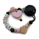 Schnullerkette Perlenkette mit Herz rosa und Schwarz